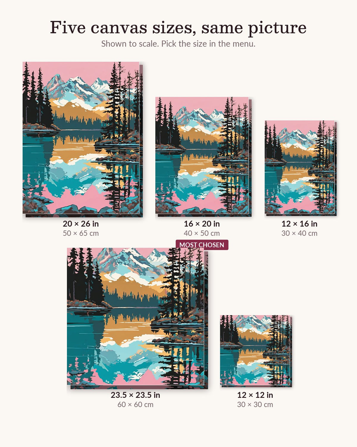 Alpine Lake Sunrise canvas sizes from 12 x 12 to 23.5 x 23.5 inches