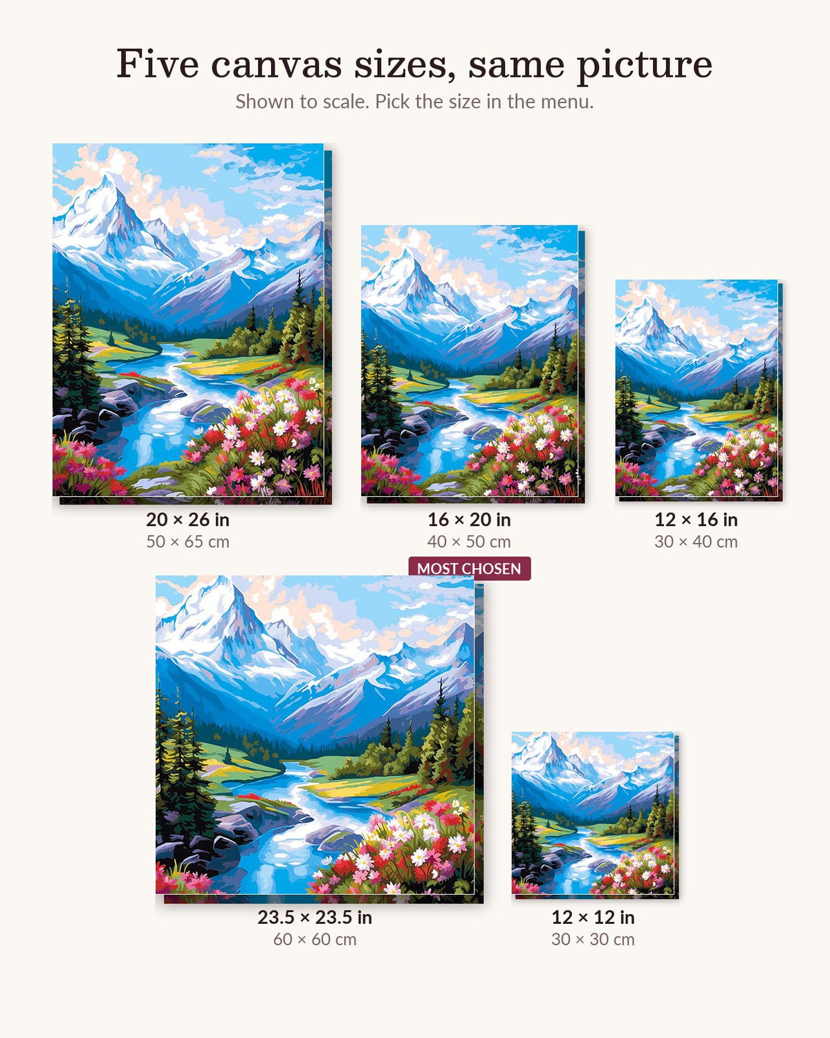 Alpine River Majesty canvas sizes from 12 x 12 to 23.5 x 23.5 inches