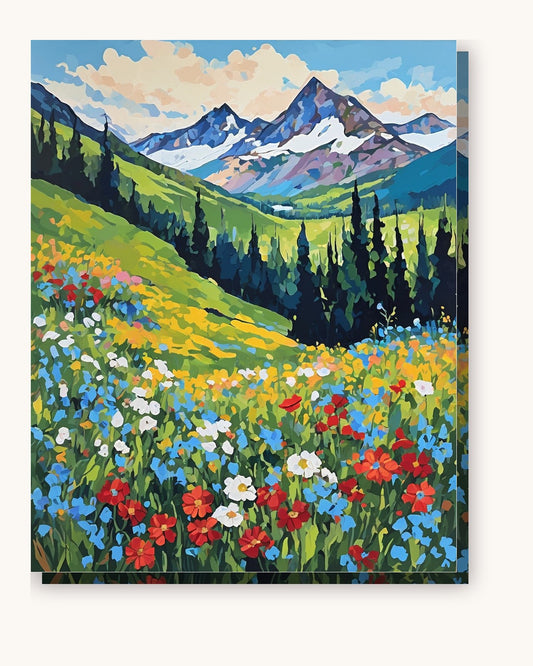 Alpine Wildflowers Below Snowy Peaks paint by numbers kit on stretched canvas