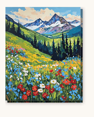 Alpine Wildflowers Below Snowy Peaks paint by numbers kit on stretched canvas