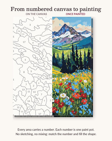 Alpine Wildflowers Below Snowy Peaks numbered canvas next to the finished painting