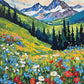 colorful wildflowers on a green slope with dark pine trees and snowy mountain peaks under a blue sky, paint by numbers kit