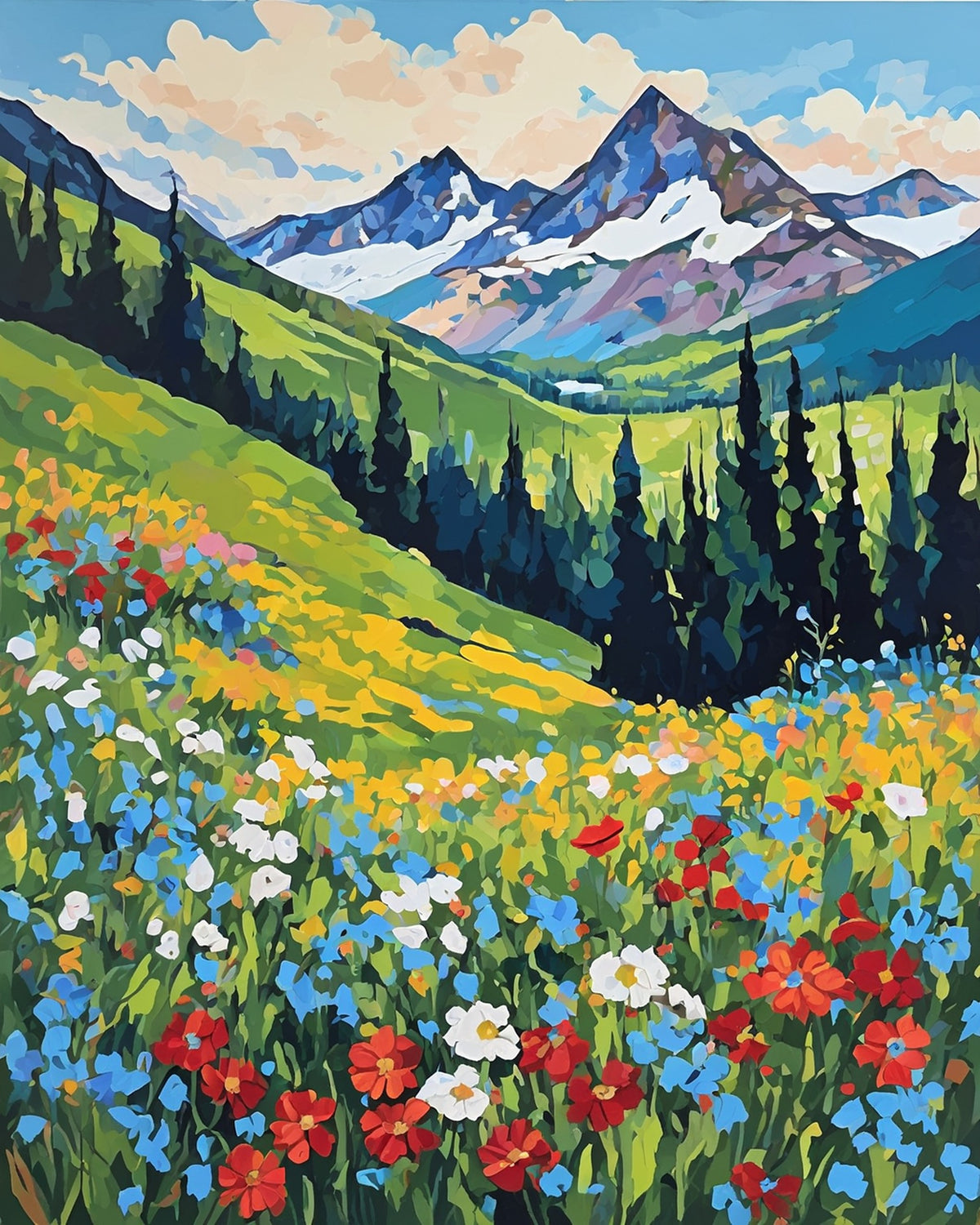 colorful wildflowers on a green slope with dark pine trees and snowy mountain peaks under a blue sky, paint by numbers kit