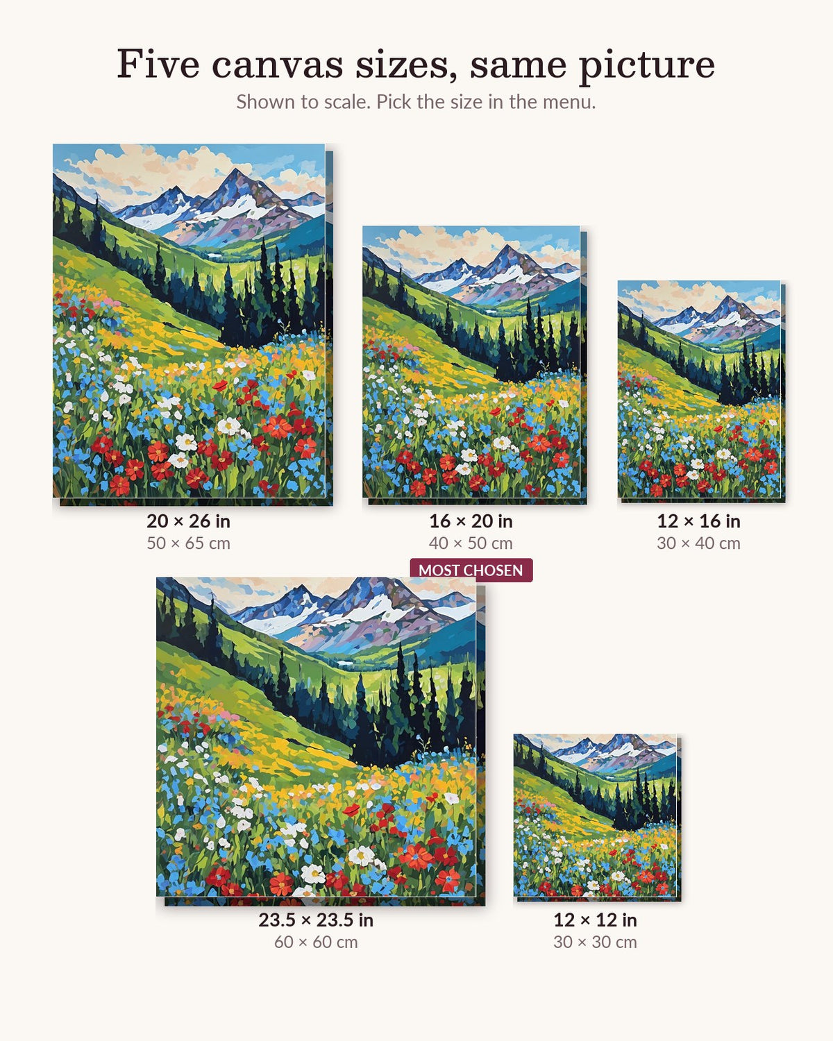 Alpine Wildflowers Below Snowy Peaks canvas sizes from 12 x 12 to 23.5 x 23.5 inches