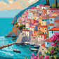 Amalfi Coast Village paint by numbers kit, pastel colored houses on a cliff above the sea