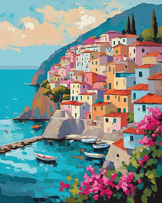 Amalfi Coast Village paint by numbers kit, pastel colored houses on a cliff above the sea