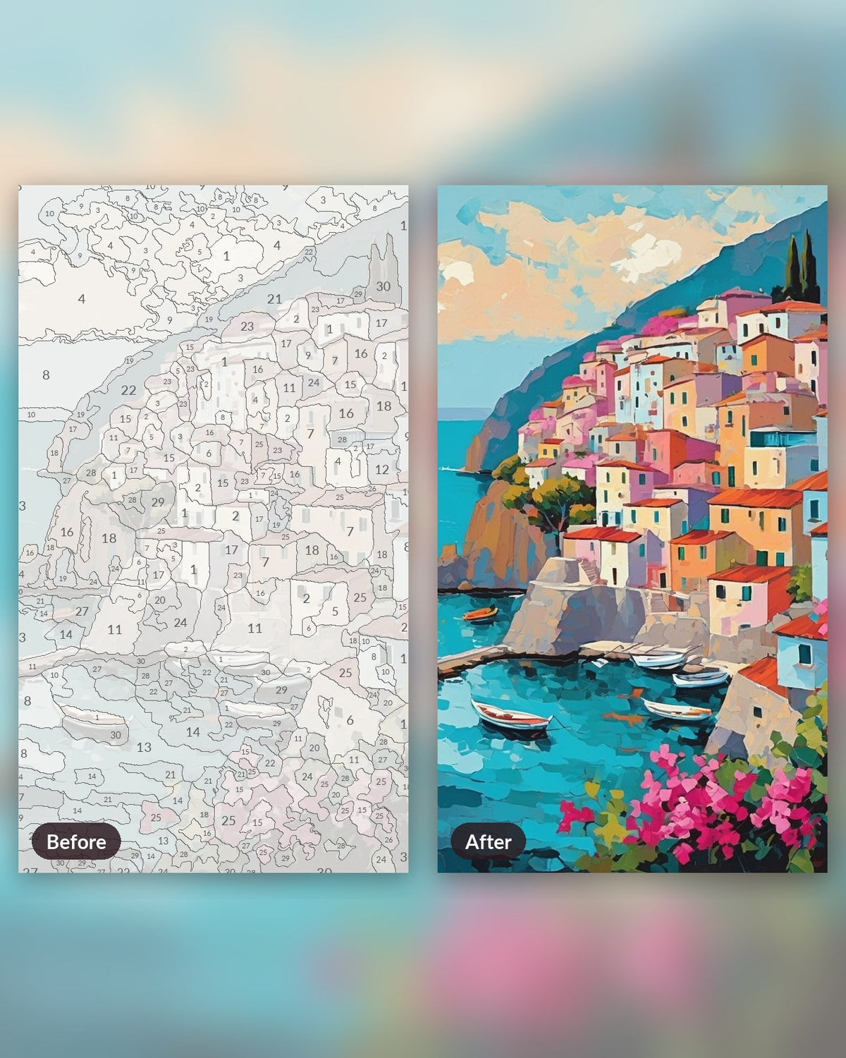 Amalfi Coast Village paint by numbers kit, before and after