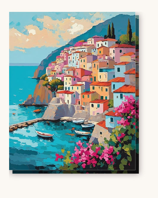 Amalfi Coast Village paint by numbers kit on stretched canvas