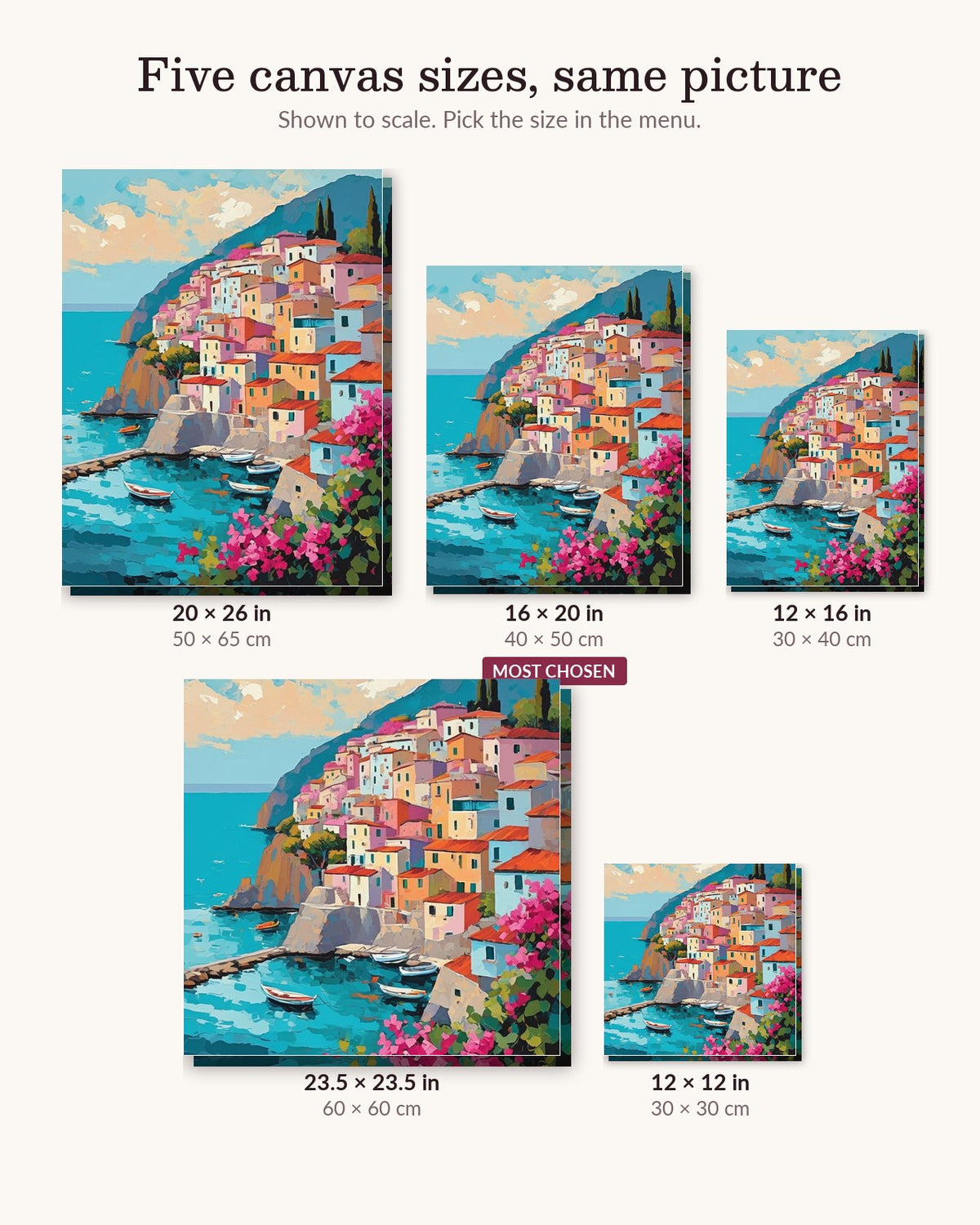 Amalfi Coast Village canvas sizes from 12 x 12 to 23.5 x 23.5 inches