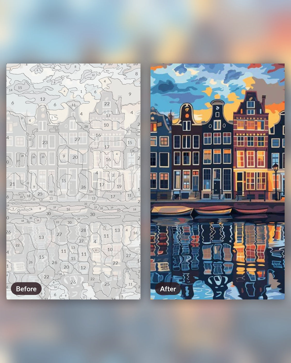 Minimalist Amsterdam paint by numbers kit, before and after
