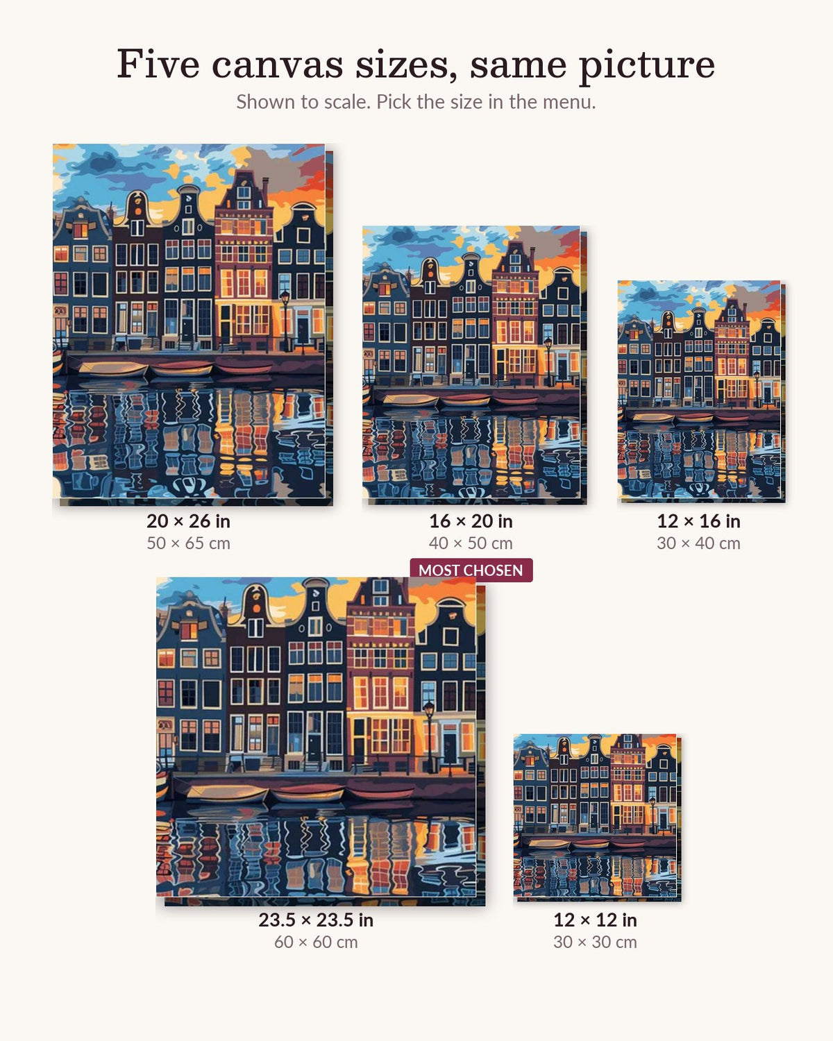 Minimalist Amsterdam canvas sizes from 12 x 12 to 23.5 x 23.5 inches