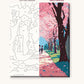 Anime Cherry Blossom School Path numbered canvas next to the finished painting
