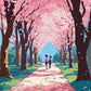 Anime Cherry Blossom School Path paint by numbers kit, two students walking under a tunnel of pink cherry trees on a petal covered path