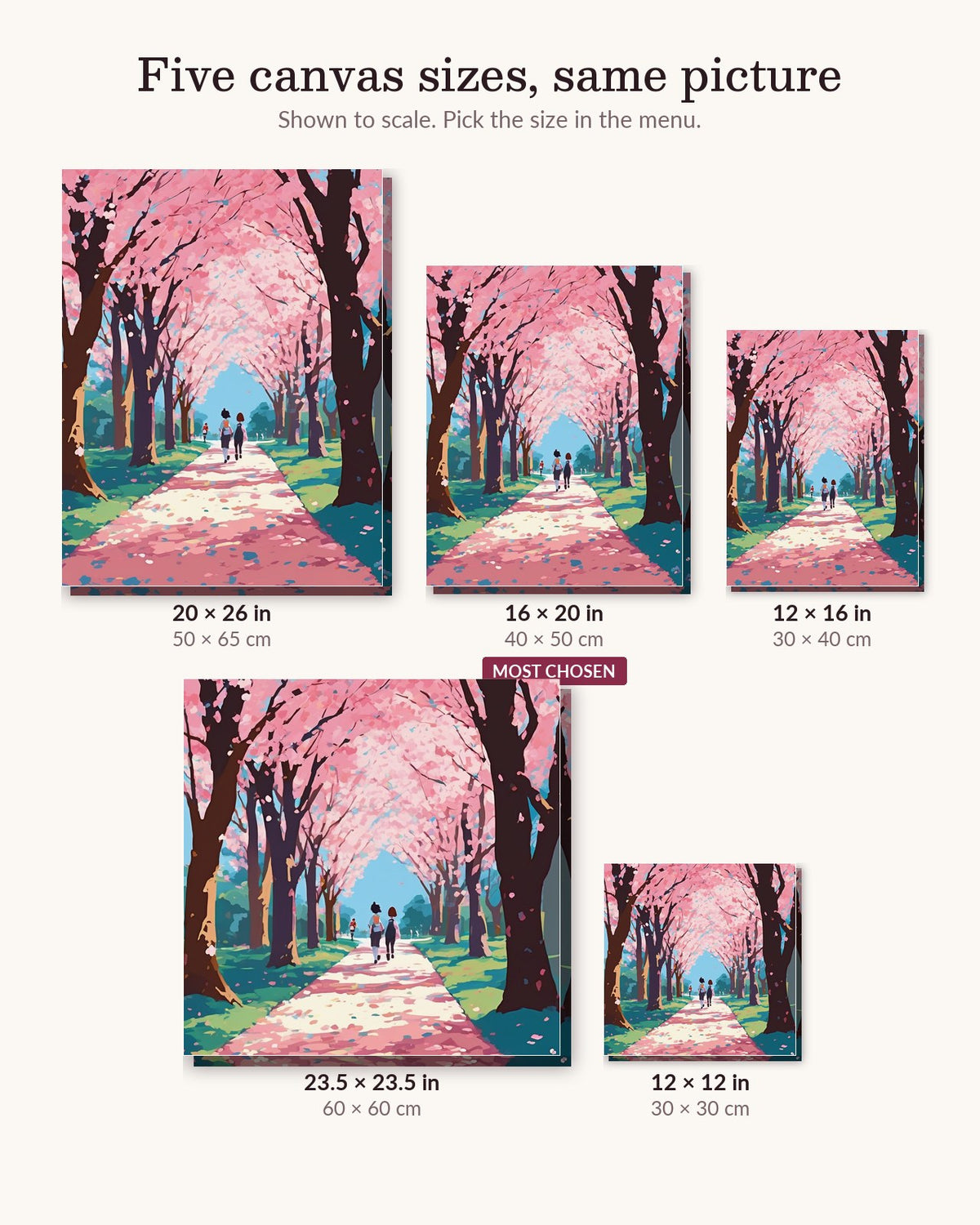 Anime Cherry Blossom School Path canvas sizes from 12 x 12 to 23.5 x 23.5 inches