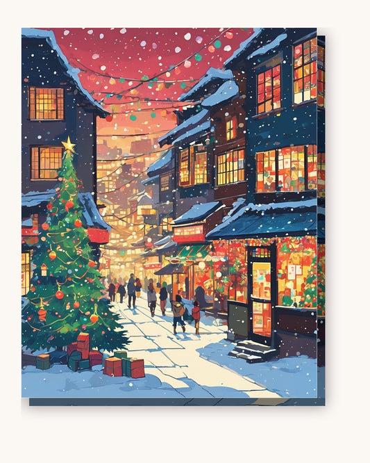 Anime Christmas Eve Street paint by numbers kit on stretched canvas