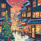 Anime Christmas Eve Street paint by numbers kit, snowy street with lit shop windows, decorated Christmas tree, gifts and string lights