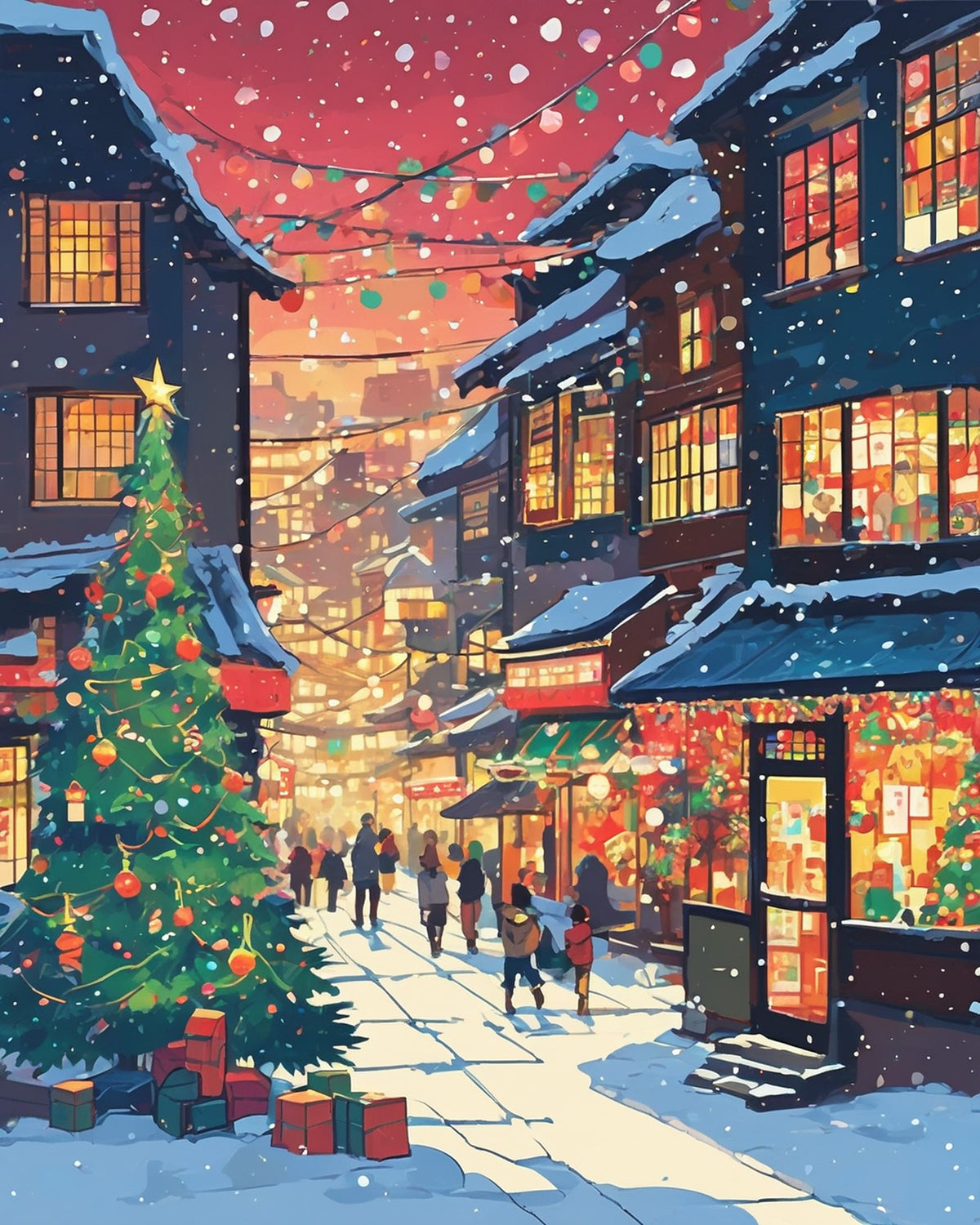 Anime Christmas Eve Street paint by numbers kit, snowy street with lit shop windows, decorated Christmas tree, gifts and string lights