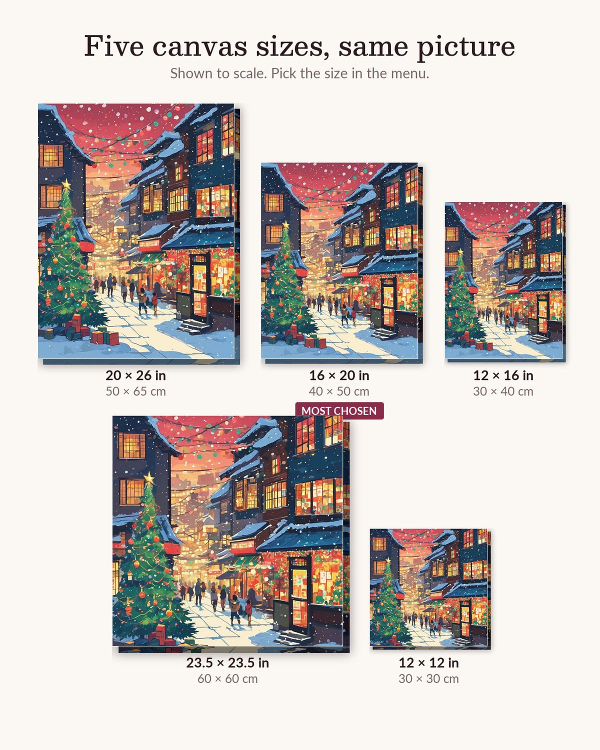 Anime Christmas Eve Street canvas sizes from 12 x 12 to 23.5 x 23.5 inches