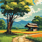 Anime Countryside Bus Stop paint by numbers kit, an old wooden bus stop alone among rice fields under summer clouds