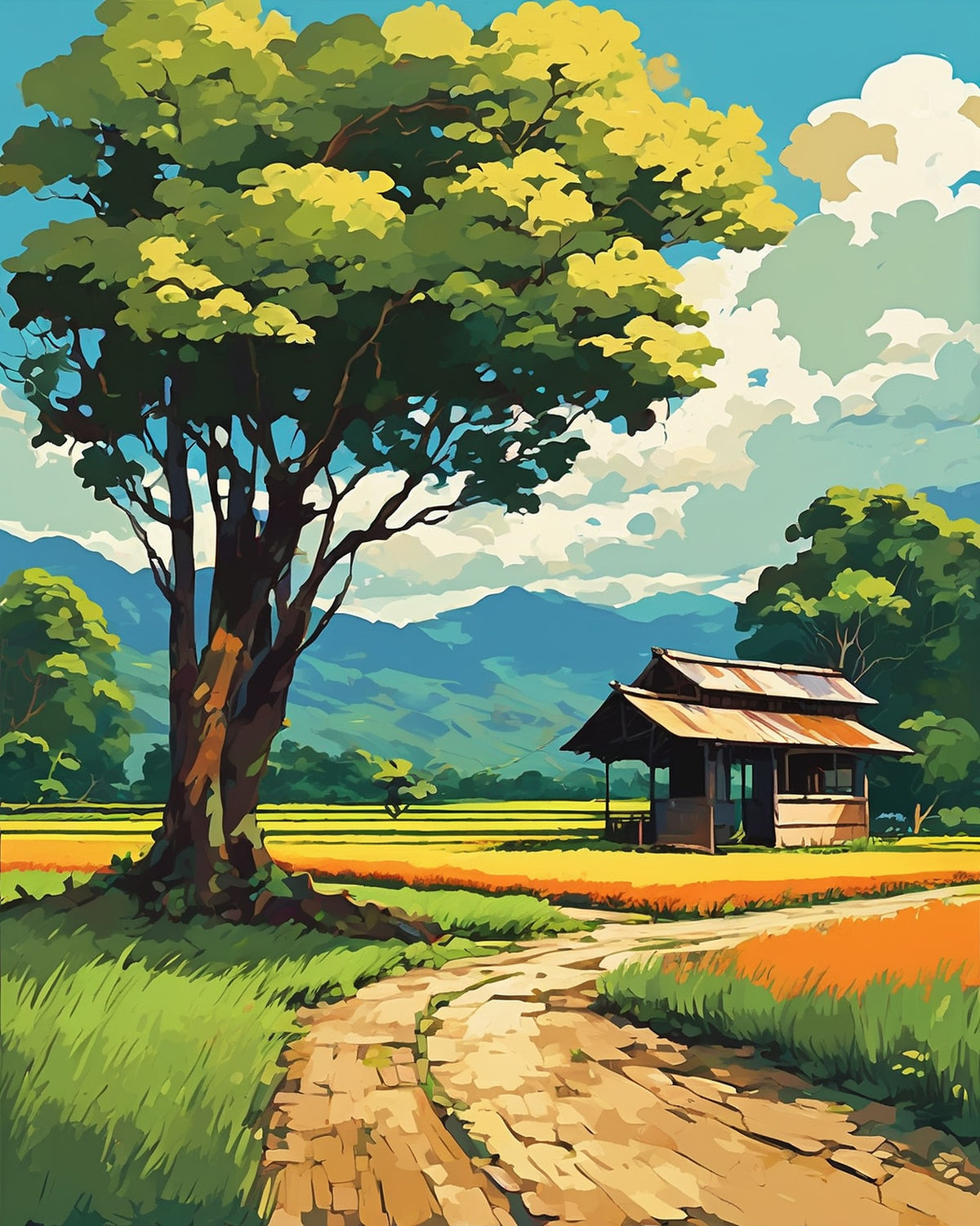 Anime Countryside Bus Stop paint by numbers kit, an old wooden bus stop alone among rice fields under summer clouds