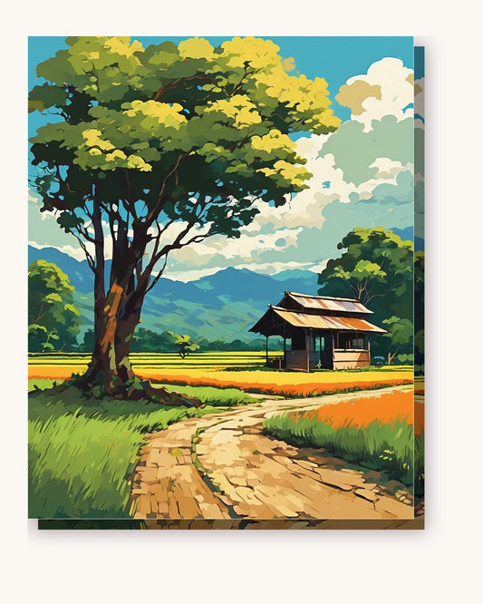 Anime Countryside Bus Stop paint by numbers kit on stretched canvas