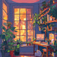 Anime Cozy Room at Night paint by numbers kit, a desk by a window at night with a sleeping cat and city lights outside