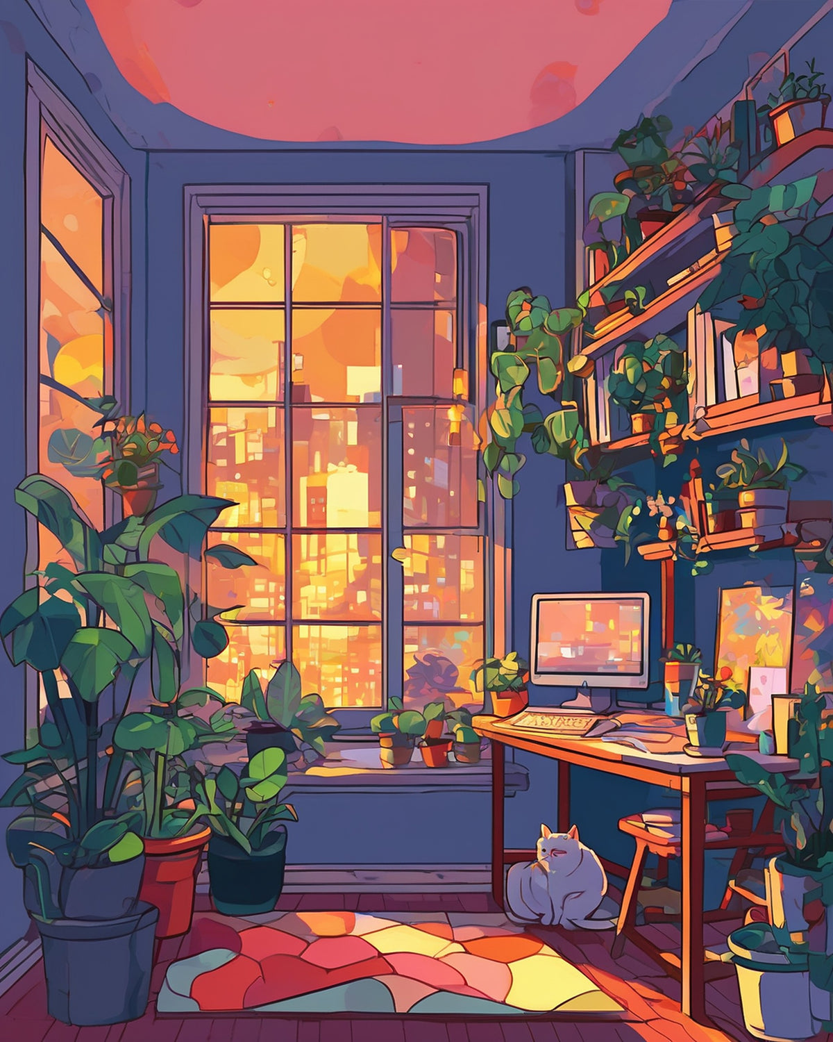Anime Cozy Room at Night paint by numbers kit, a desk by a window at night with a sleeping cat and city lights outside