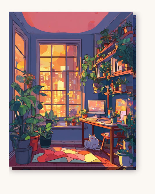 Anime Cozy Room at Night paint by numbers kit on stretched canvas