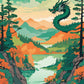 Anime Dragon over the Lake paint by numbers kit, green Eastern dragon flying above a turquoise mountain lake with orange autumn trees