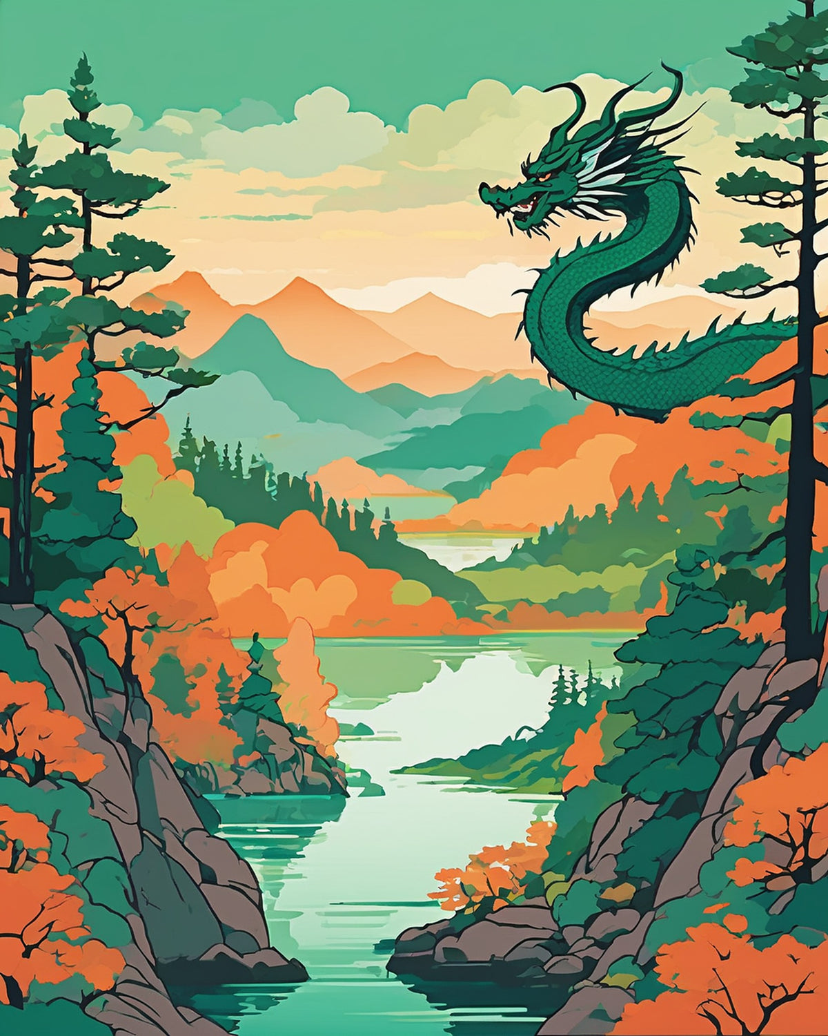 Anime Dragon over the Lake paint by numbers kit, green Eastern dragon flying above a turquoise mountain lake with orange autumn trees