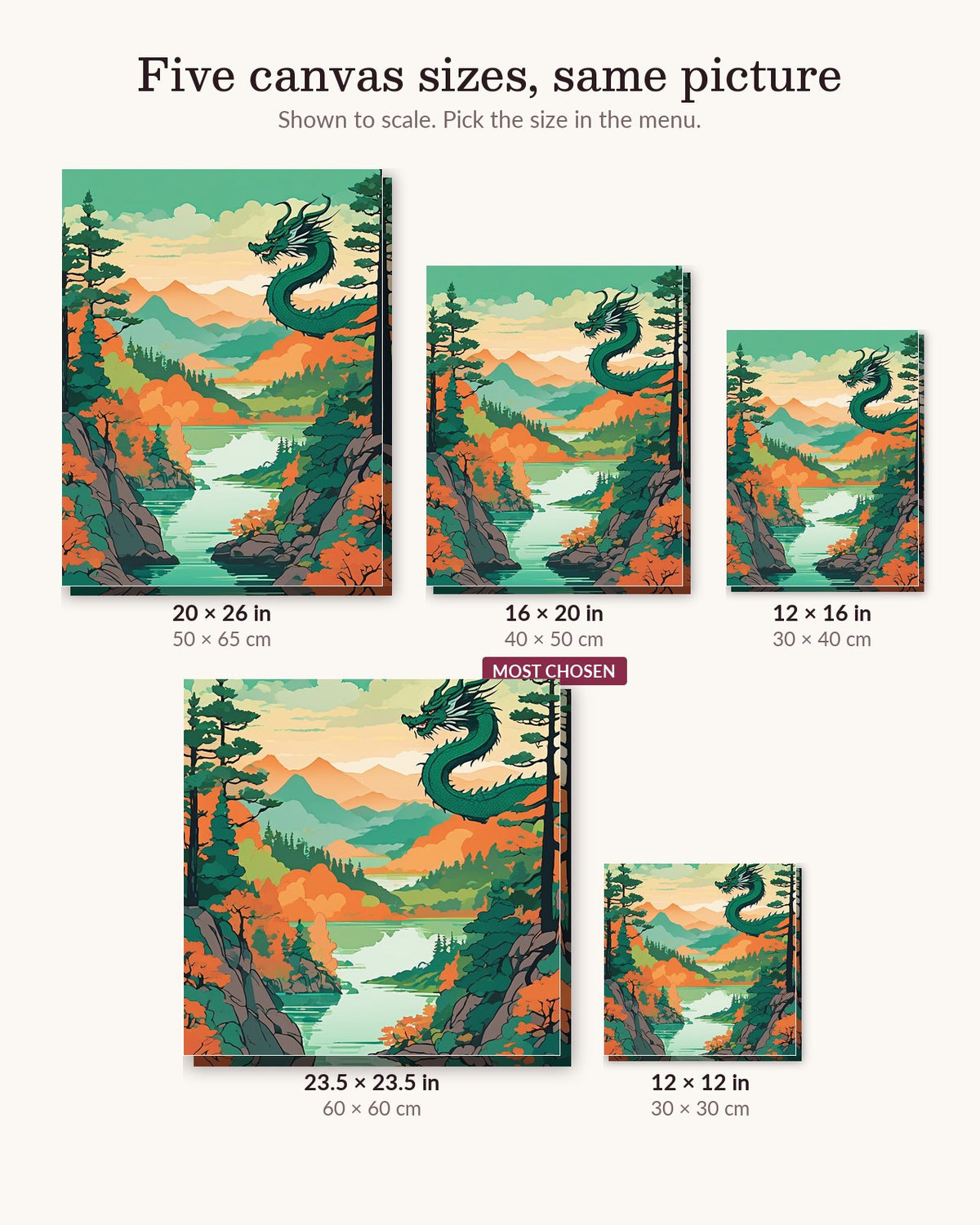 Anime Dragon over the Lake canvas sizes from 12 x 12 to 23.5 x 23.5 inches