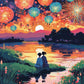 Anime Fireworks by the River paint by numbers kit, two friends on a riverbank watching fireworks and lanterns at a summer festival
