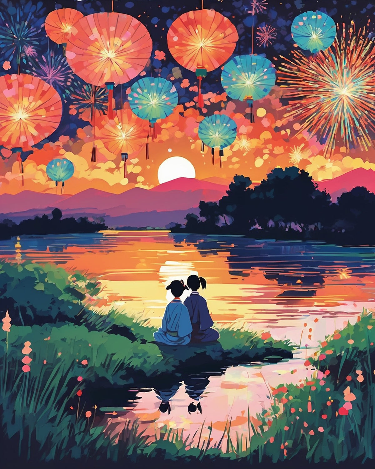 Anime Fireworks by the River paint by numbers kit, two friends on a riverbank watching fireworks and lanterns at a summer festival