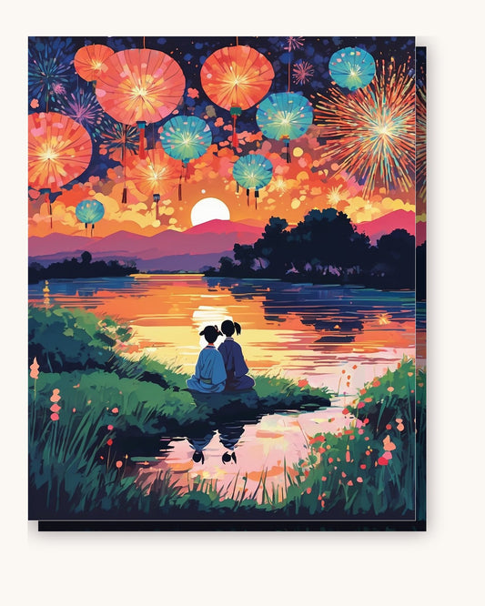 Anime Fireworks by the River paint by numbers kit on stretched canvas