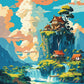 Anime Floating Islands paint by numbers kit, floating islands with waterfalls pouring into the clouds