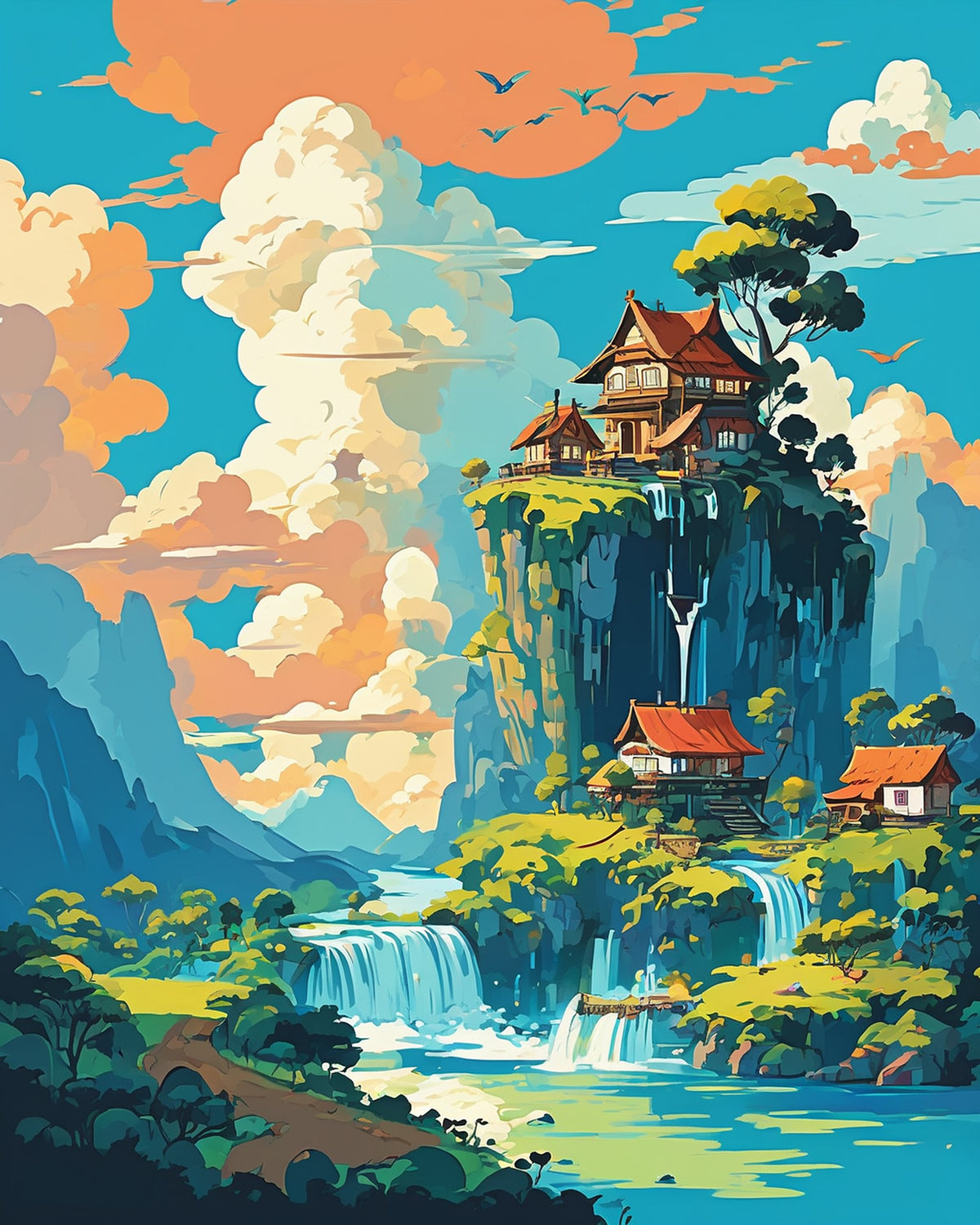 Anime Floating Islands paint by numbers kit, floating islands with waterfalls pouring into the clouds