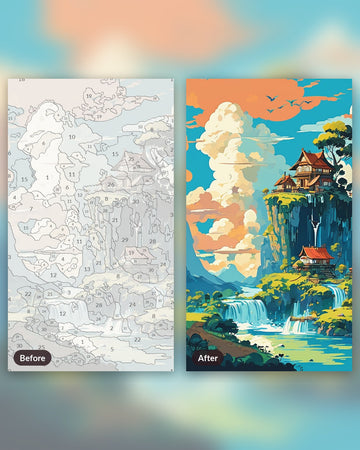 Anime Floating Islands paint by numbers kit, before and after