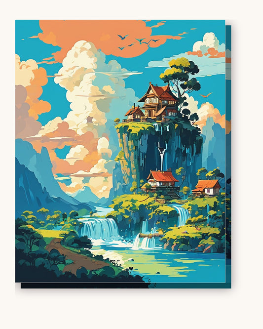 Anime Floating Islands paint by numbers kit on stretched canvas