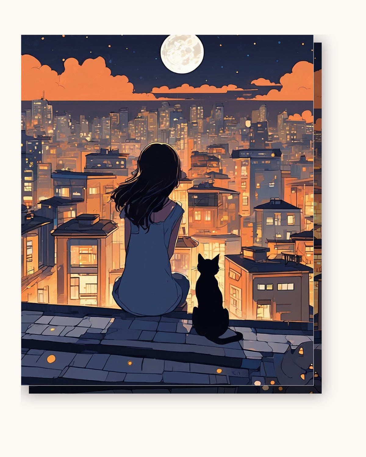 Anime Girl and Black Cat on the Rooftop paint by numbers kit on stretched canvas