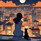Anime Girl and Black Cat on the Rooftop paint by numbers kit, girl and black cat seen from behind looking over a lit city under a full moon