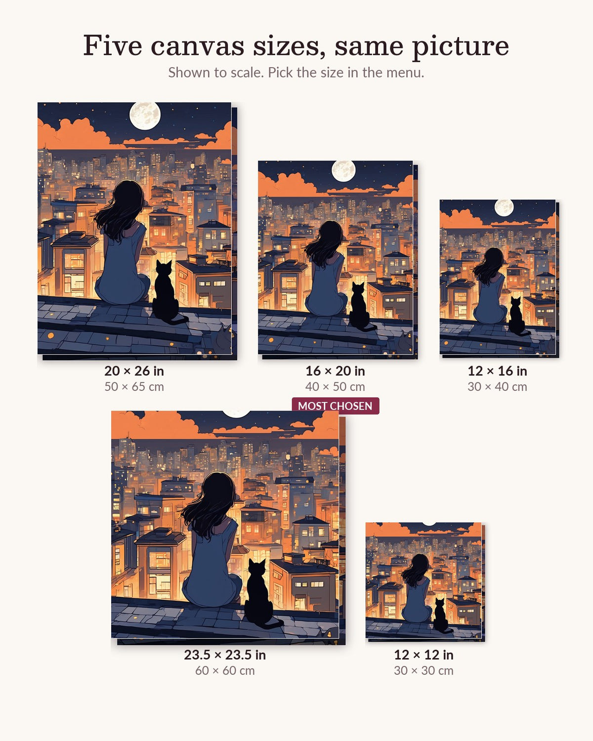 Anime Girl and Black Cat on the Rooftop canvas sizes from 12 x 12 to 23.5 x 23.5 inches