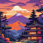 Anime Mountain Village at Dusk paint by numbers kit, a Japanese mountain village with glowing windows and a pagoda at dusk