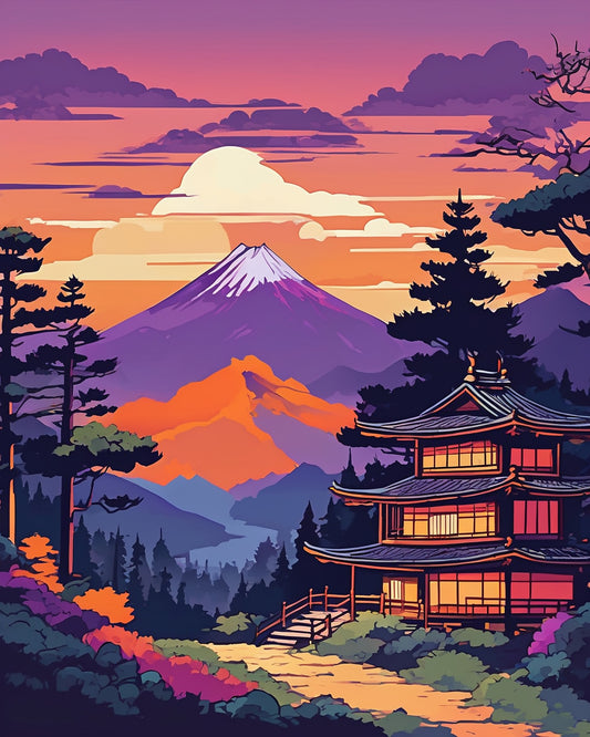 Anime Mountain Village at Dusk paint by numbers kit, a Japanese mountain village with glowing windows and a pagoda at dusk