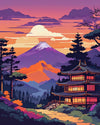 Anime Mountain Village at Dusk paint by numbers kit, a Japanese mountain village with glowing windows and a pagoda at dusk