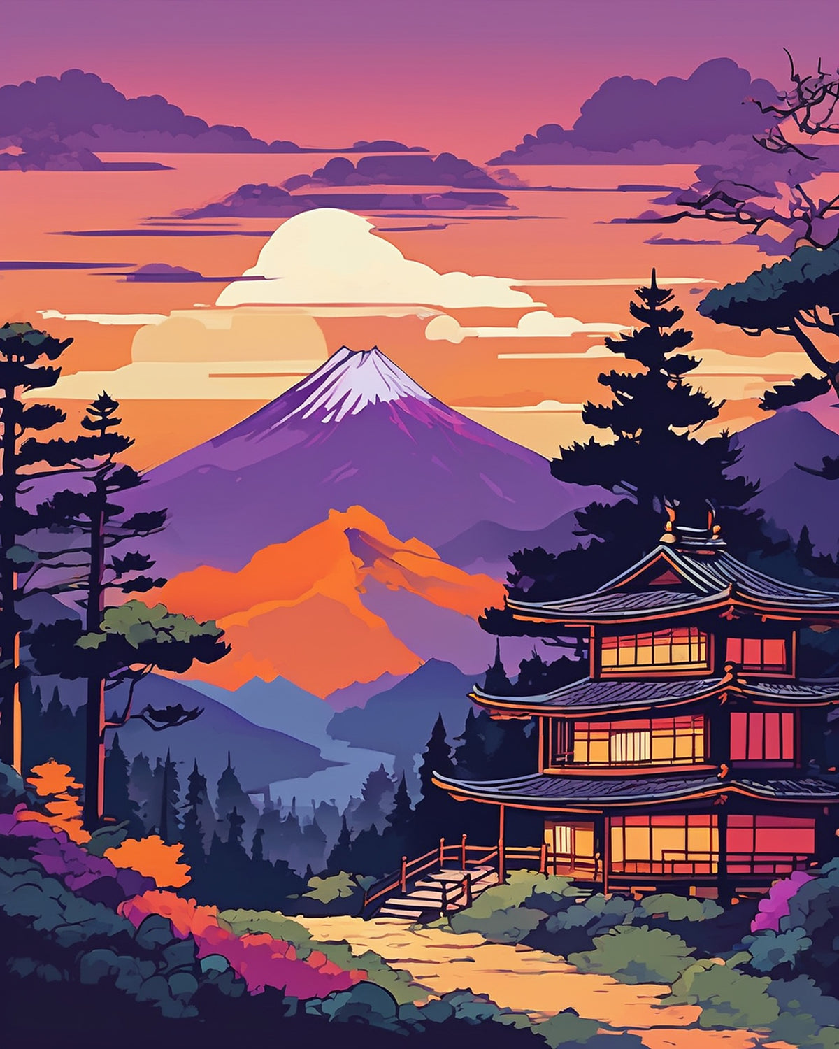 Anime Mountain Village at Dusk paint by numbers kit, a Japanese mountain village with glowing windows and a pagoda at dusk