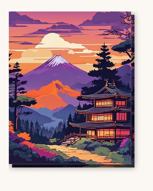 Anime Mountain Village at Dusk paint by numbers kit on stretched canvas