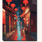 Anime Rainy Lantern Alley paint by numbers kit on stretched canvas