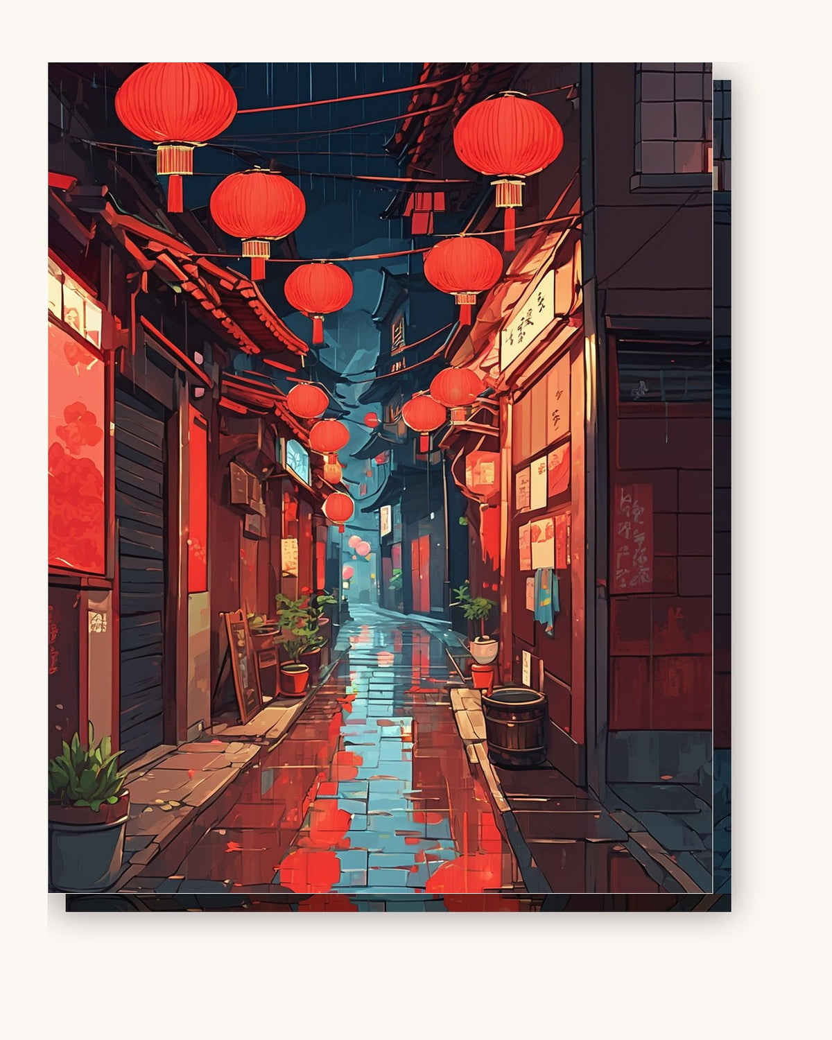 Anime Rainy Lantern Alley paint by numbers kit on stretched canvas
