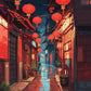 Anime Rainy Lantern Alley paint by numbers kit, narrow alley at night with red paper lanterns reflected on wet paving