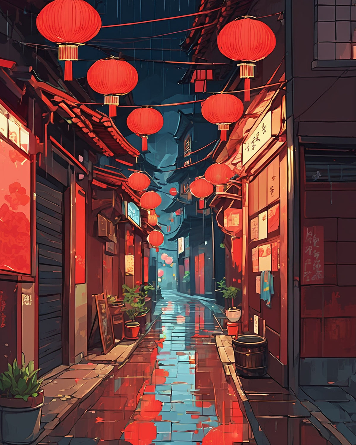 Anime Rainy Lantern Alley paint by numbers kit, narrow alley at night with red paper lanterns reflected on wet paving